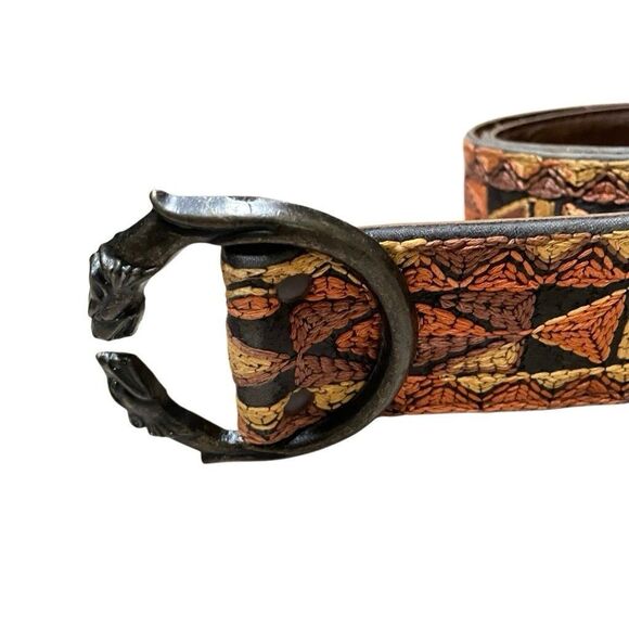 Bechelli Metal Wolf Heads Buckle Southwest Embroidered Hippie Belt 60s Boho Med - Picture 7 of 13